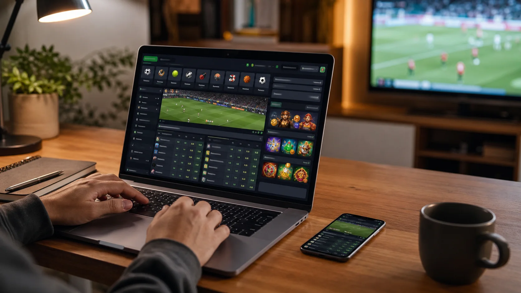 Plataforma jogofacil em notebook e celular com apostas esportivas e cassino online